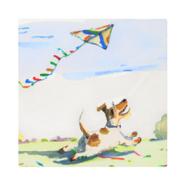 キツネテリアが公園の水の色で凧を追う メタルプリント