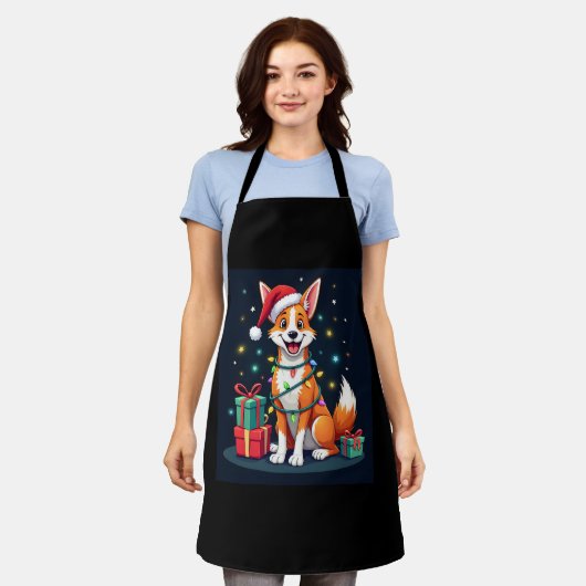 キツネテリアクリスマス照明サンタキツネテリアドッグCh エプロン (着用した状態)