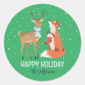 キツネディアスノーウィーウィンターホリデークリスマスアニマル ラウンドシール (正面)