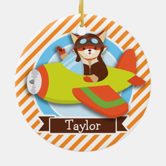 キツネパイロットイン緑&オレンジ飛行機 セラミックオーナメント (裏面)