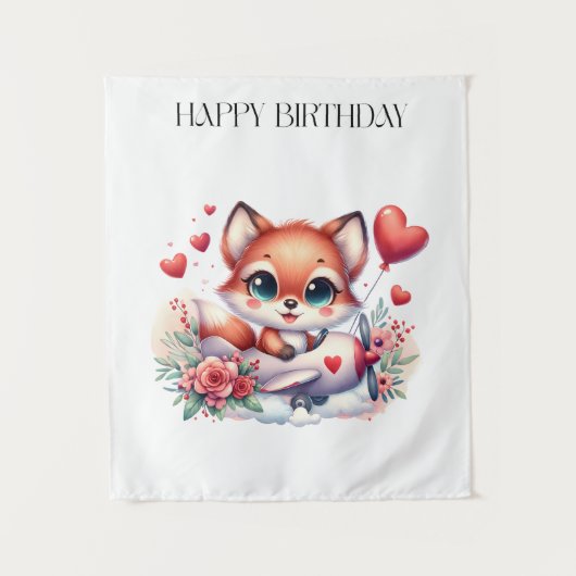 キツネパイロット お誕生日おめでとう タペストリー (正面)