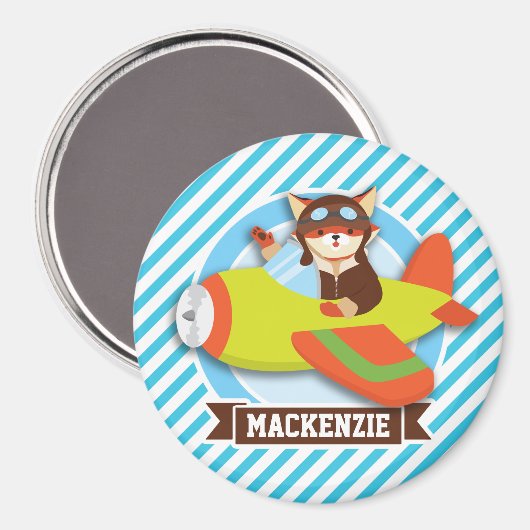 キツネパイロット(グリーンとオレンジの飛行機、ブルーのストライプ) マグネット (正面/裏面)