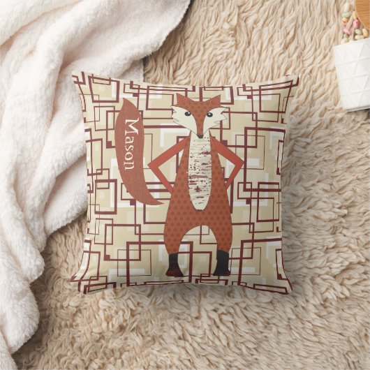 キツネパーソナライズされたレトロ茶色タン幾何学模様 クッション (ブランケット)