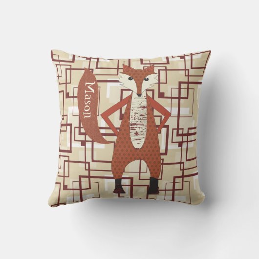 キツネパーソナライズされたレトロ茶色タン幾何学模様 クッション (裏面)