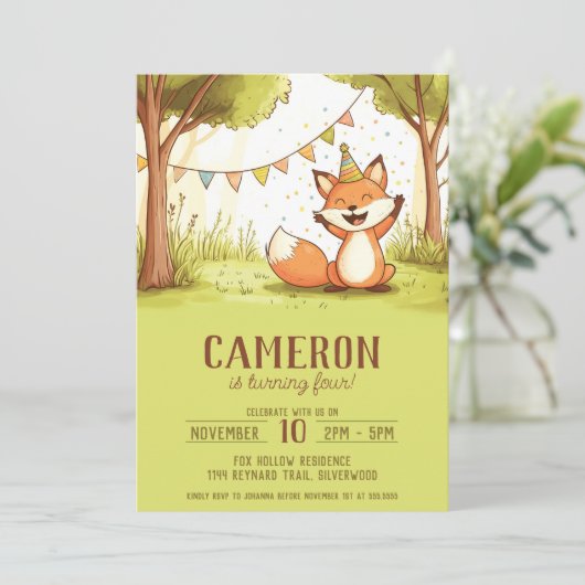 キツネパーティーハット屋外キッズの誕生日 招待状 (スタンド正面)