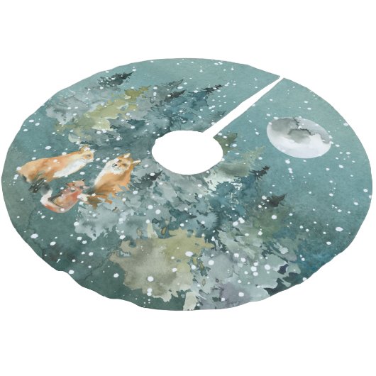 キツネファミリーの森の満月の雪 ブラッシュドポリエステルツリースカート (アングル)