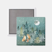 キツネファミリーの森の満月の雪 マグネット (正面/裏面)
