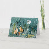 キツネファミリーの森の満月の雪 箔グリーティングカード (正面)