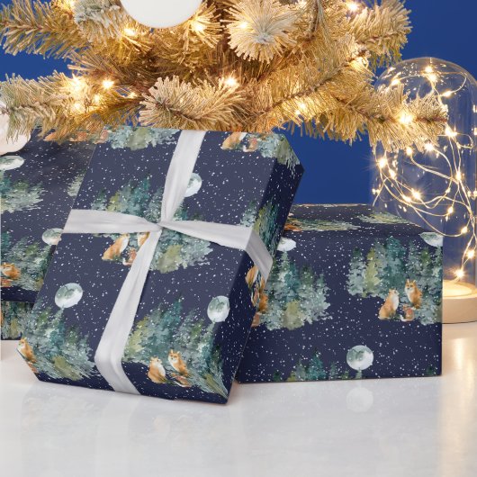キツネファミリーフォレスト満月の降雪クリスマス ラッピングペーパー (クリスマス)