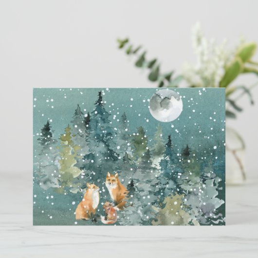 キツネファミリーフォレスト満月降雪水彩 シーズンカード (スタンド正面)
