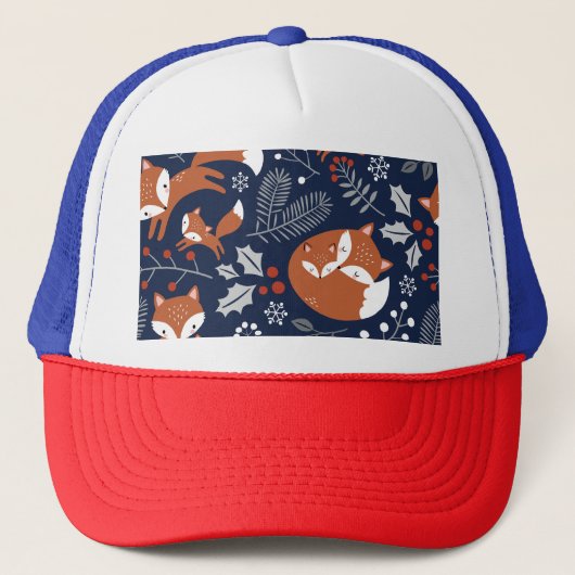 キツネファミリ：ヴィンテージシームレスなパターン。 キャップ (正面)