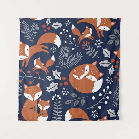 キツネファミリ：ヴィンテージシームレスなパターン。 タペストリー (正面)