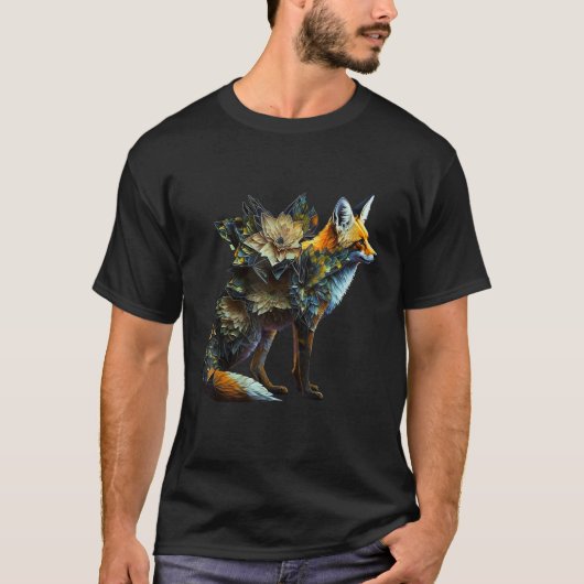 キツネファンタジーフラワーズアート抽象芸術動物キツネ Tシャツ (正面)
