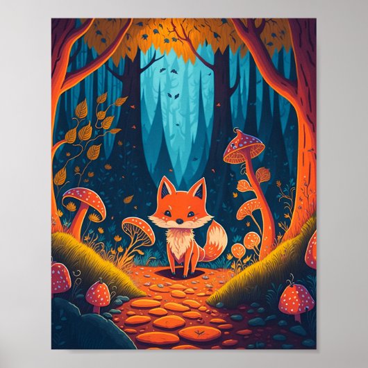 キツネファンタジー動物の森イラストレーション ポスター (正面)