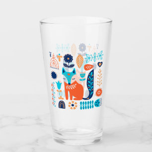 キツネフォークアートフローラルパターン  自然 タンブラーグラス