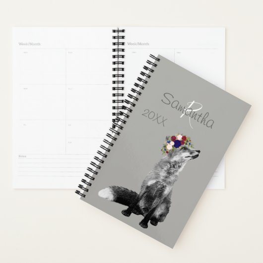 キツネフラワークラウン白黒動物モノグラム プランナー手帳 (ディスプレー)