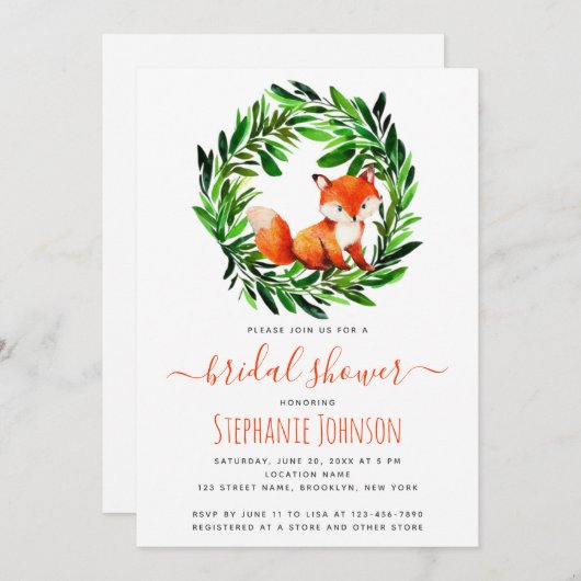 キツネブライダルシャワー可愛い水彩木版木の葉 招待状 (正面/裏面)