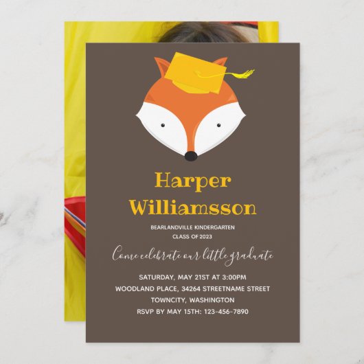 キツネブラウンイエローフォト幼稚園卒業 招待状 (正面/裏面)