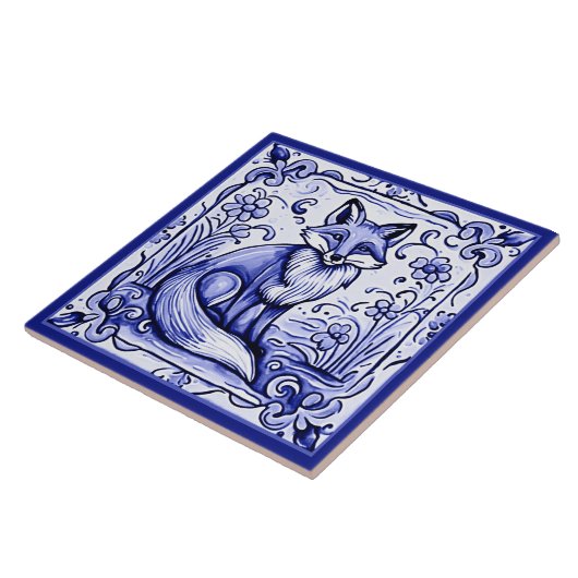 キツネブルーとホワイト地中海のフォークアニマルアート タイル (側面)