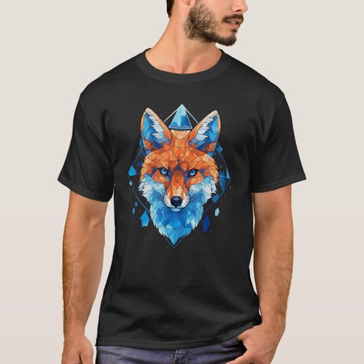 キツネブルーアイズ顔ポリゴン幾何アニマルプリント Tシャツ (正面)