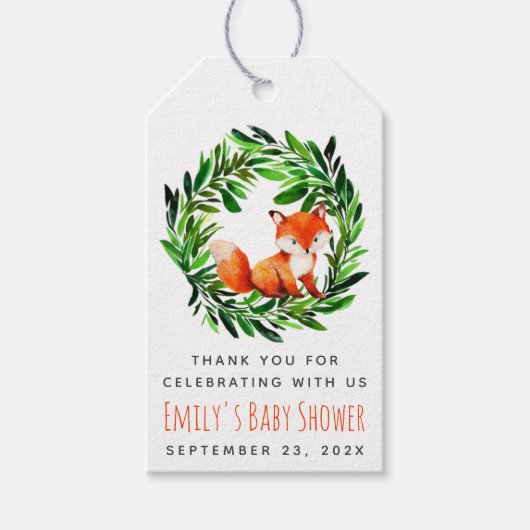 キツネベビーシャワーかわいいウッドランドウォーターカラー緑 ギフトタグ (正面)