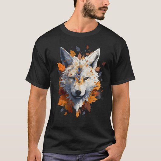 キツネホワイトウルフ紅葉動物アートワークキツネ Tシャツ (正面)