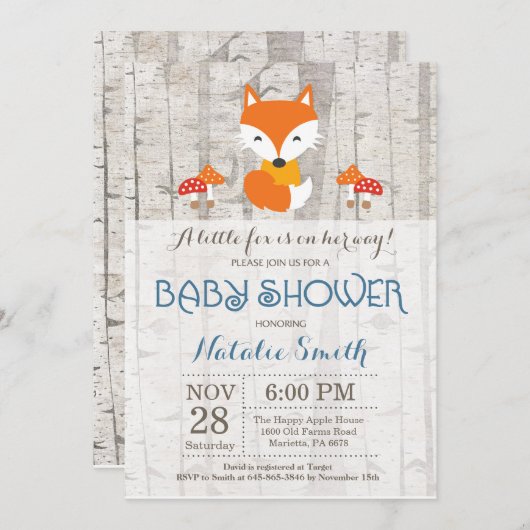 キツネボーイベイビーシャワー招待状ウッドラ素朴ンド 招待状 (正面/裏面)