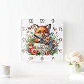 キツネママ:カッブ、花、母の日 スクエア壁時計 (ホーム)