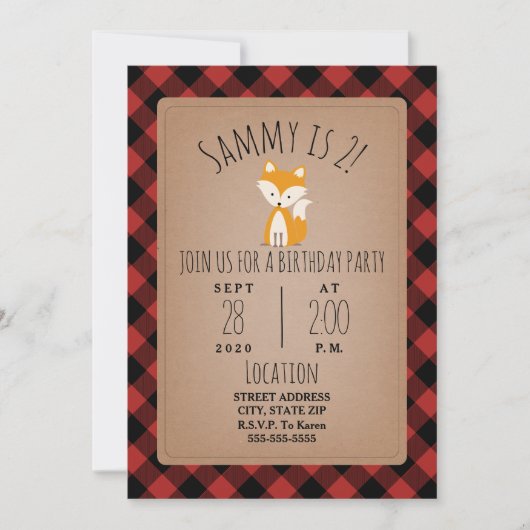 キツネランバージャックプレイドバースデーパーティー 招待状 (正面)
