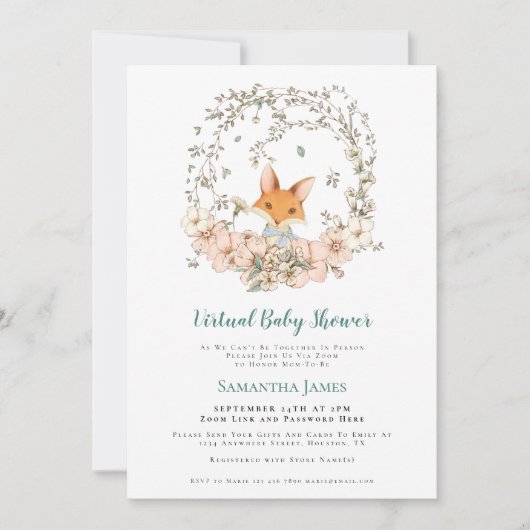 キツネヴィンテージの葉ターコイズ仮想ベビーシャワー 招待状 (正面)