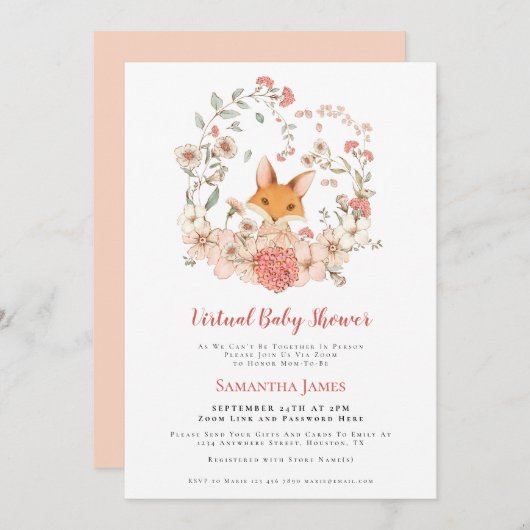 キツネヴィンテージの葉ピーチ仮想ベビーシャワー 招待状 (正面/裏面)