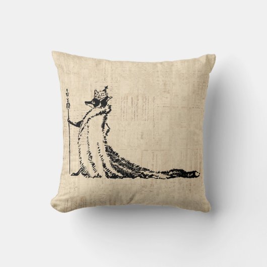キツネ付きクラウンアンティークイラストレーションヴィンテージアート クッション (正面)