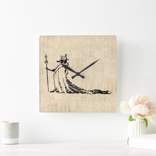 キツネ付きクラウンアンティークイラストレーションヴィンテージアート スクエア壁時計 (ホーム)