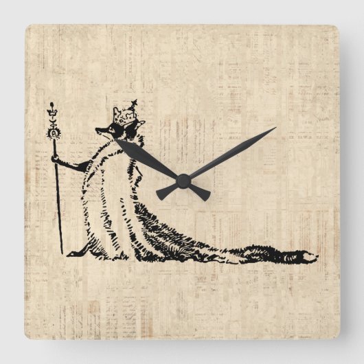 キツネ付きクラウンアンティークイラストレーションヴィンテージアート スクエア壁時計 (正面)
