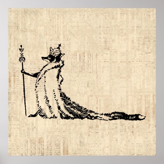 キツネ付きクラウンアンティークイラストレーションヴィンテージアート ポスター (正面)
