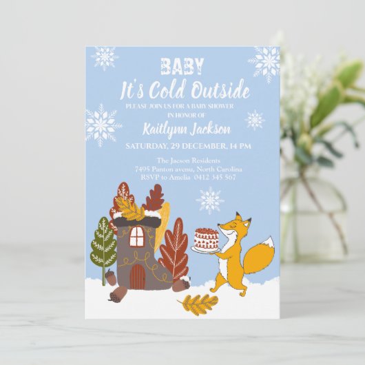キツネ冬の赤ちゃんシャワー外は寒い 招待状 (スタンド正面)