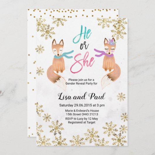キツネ冬の金ゴールド性別による招待の表示 招待状 (正面/裏面)