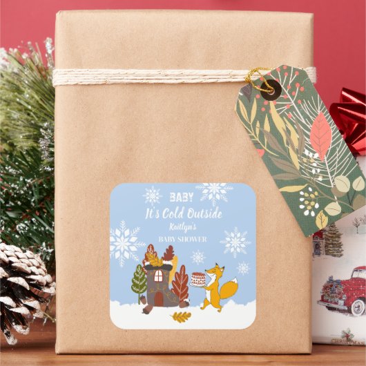 キツネ冬の雪片ベビーシャワーギフト スクエアシール (クリスマス)