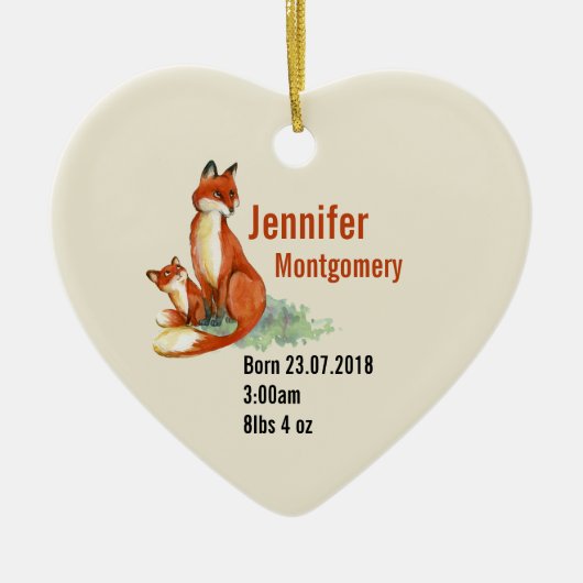 キツネ及びベビー水彩イラストレーションベビー誕生 セラミックオーナメント (正面)