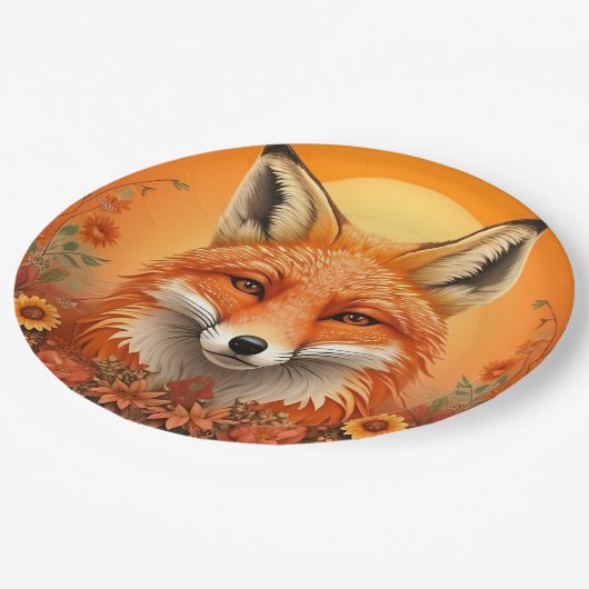 キツネ威厳のあるポートレートに囲まれた秋の花 ペーパープレート (アングル)