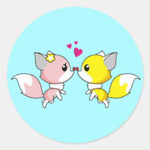 キツネ対キスをするハートオーバーヘッド ラウンドシール