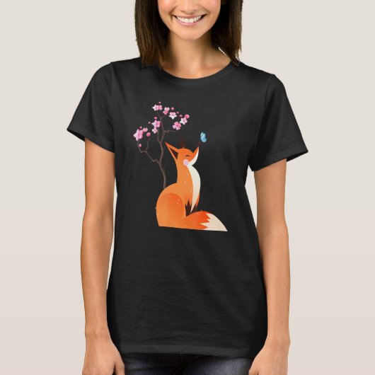 キツネ日本のさくらんぼ花ヴィンテージ Tシャツ (正面)