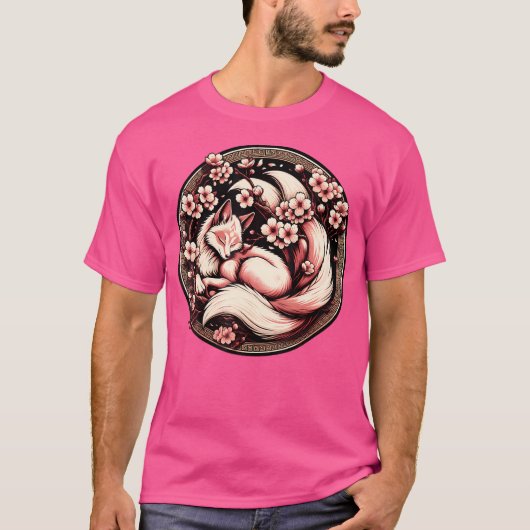 キツネ日本の九尾キツネさくらんぼ花 Tシャツ (正面)