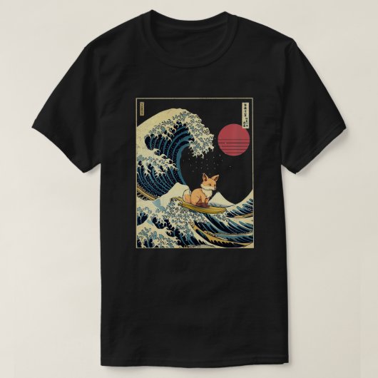 キツネ日本の神奈川波サーフおもしろいアニマル Tシャツ (デザイン正面)