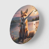 キツネ日没の湖のそばに座っている。 ラウンド壁時計 (傾斜)