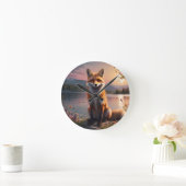 キツネ日没の湖のそばに座っている。 ラウンド壁時計 (ホーム)