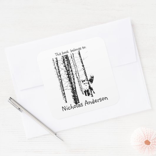 キツネ樺の木ツリーフォレストアニマルシルエット自然アート スクエアシール (封筒)