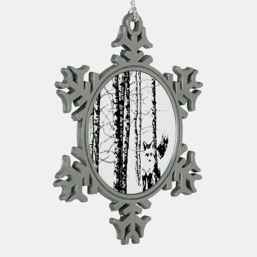 キツネ樺の木ツリーフォレストアニマルシルエット自然アート スノーフレークピューターオーナメント (左)