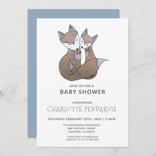 キツネ水彩男の赤ちゃんブルーベビーシャワー 招待状 (正面/裏面)