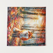 キツネ秋の森の水彩 タペストリー (正面(横))